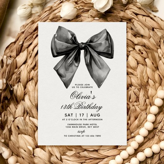 Moderne elegante Black Bow verjaardagsuitnodiging Kaart