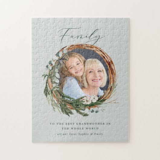 Moderne elegante bladkrans foto script familie legpuzzel (Verticaal)