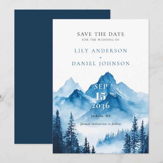 Moderne Elegante Blauwe Aquarel Berg Bruiloft Save The Date (Voorkant / Achterkant)