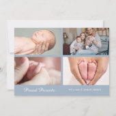Moderne Elegante Blauwe Baby Jongen Script Foto Ge Aankondiging (Achterkant)