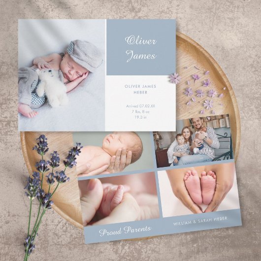 Moderne Elegante Blauwe Baby Jongen Script Foto Ge Aankondiging