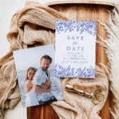 Moderne Elegante Blauwe Bloemenfoto Save the Date Kaart