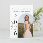Moderne Elegante Blauwe Boog Boog Foto Afstuderen Kaart (Staand voorkant)