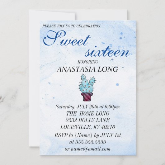 Moderne, elegante blauwe cactus sparen de datum save the date (Voorkant)