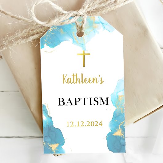Moderne elegante blauwe doop cadeaulabel