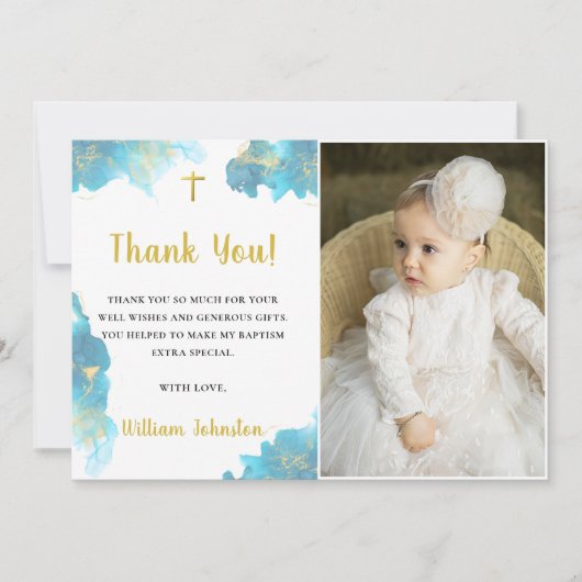 Moderne Elegante Blauwe Doop Foto Dank u kaart (Voorkant)