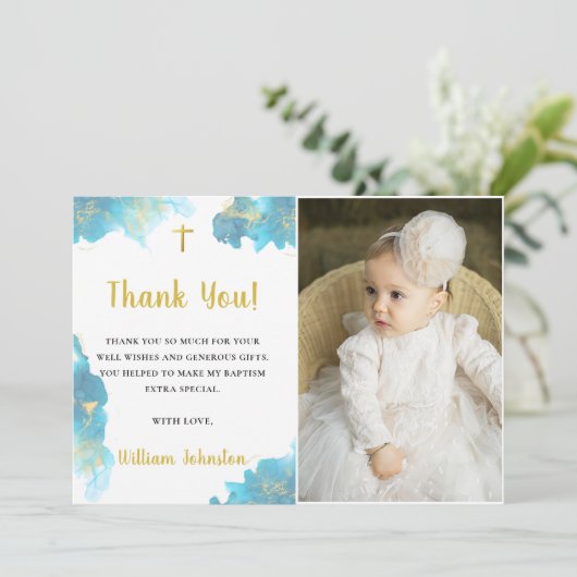 Moderne Elegante Blauwe Doop Foto Dank u kaart (Staand voorkant)