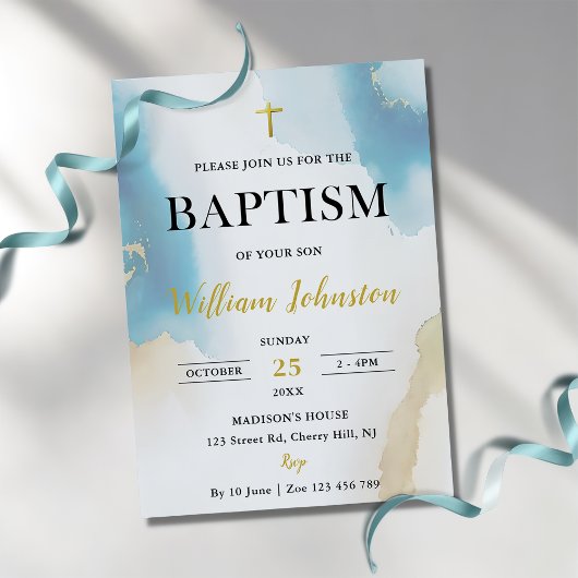 Moderne elegante blauwe doop uitnodiging