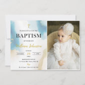 Moderne elegante blauwe doopfoto kaart (Voorkant)