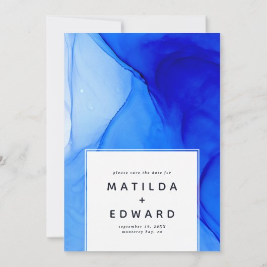 moderne elegante blauwe en witte bruiloft aankondiging (Achterkant)