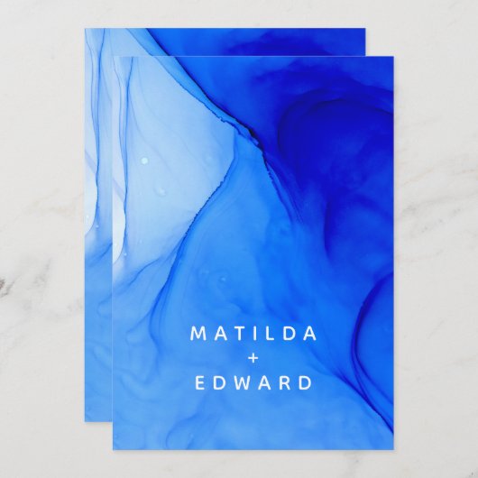 moderne elegante blauwe en witte bruiloft aankondiging (Voorkant / Achterkant)