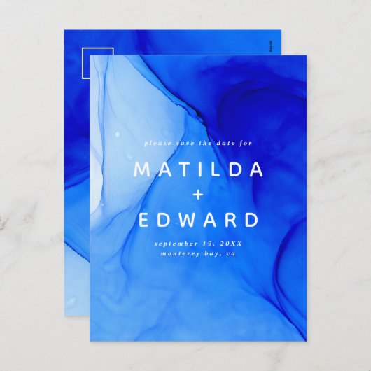 moderne elegante blauwe en witte bruiloft feestdagenkaart (Voorkant / Achterkant)