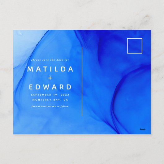 moderne elegante blauwe en witte bruiloft feestdagenkaart (Achterkant)