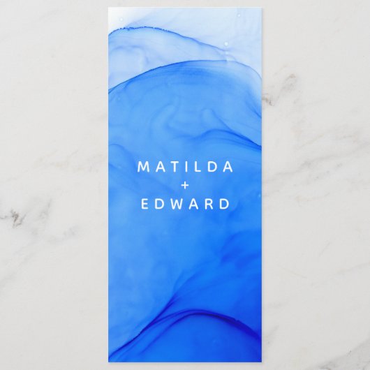 moderne elegante blauwe en witte bruiloft menu (Achterkant)