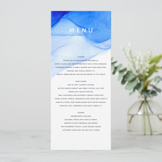 moderne elegante blauwe en witte bruiloft menu (Staand voorkant)
