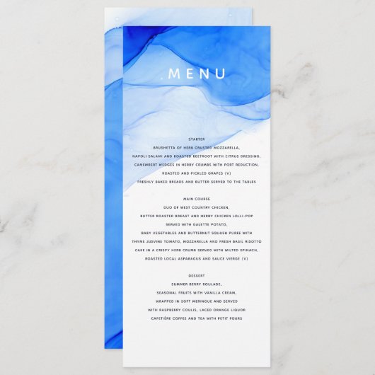 moderne elegante blauwe en witte bruiloft menu (Voorkant / Achterkant)
