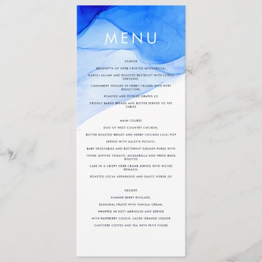 moderne elegante blauwe en witte bruiloft menu (Voorkant)