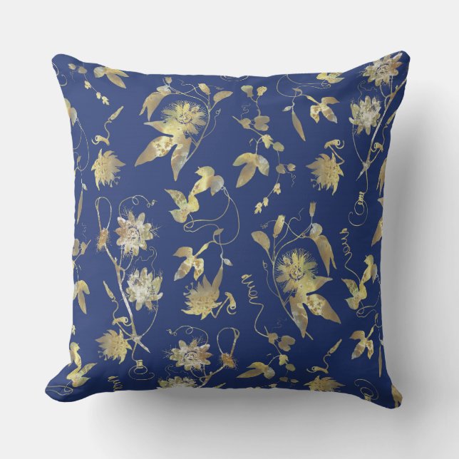 Moderne Elegante Blauwe Gouden Bloem Kussen (Voorkant)
