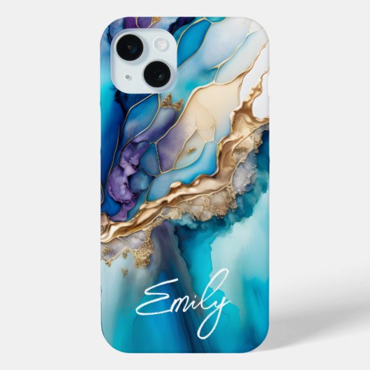 Moderne Elegante Blauwe Gouden Marmeren Gepersonal Case-Mate iPhone Case (Achterkant)