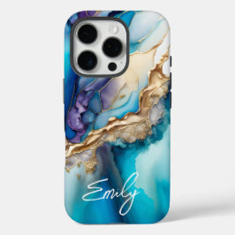 Moderne Elegante Blauwe Gouden Marmeren Gepersonal iPhone 16 Pro Hoesje