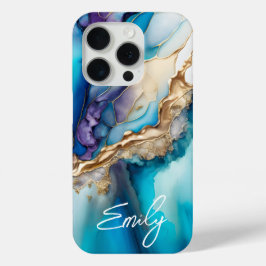 Moderne Elegante Blauwe Gouden Marmeren Gepersonal iPhone 15 Pro Case