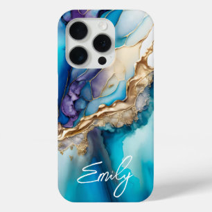 Moderne Elegante Blauwe Gouden Marmeren Gepersonal iPhone 15 Pro Case