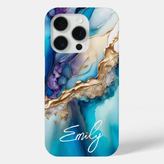 Moderne Elegante Blauwe Gouden Marmeren Gepersonal Case-Mate iPhone Case (Achterkant)