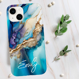 Moderne Elegante Blauwe Gouden Marmeren Gepersonal Case-Mate iPhone 14 Hoesje