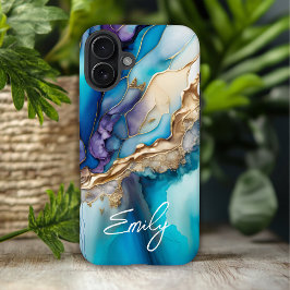 Moderne Elegante Blauwe Gouden Marmeren Gepersonal iPhone 16 Plus Hoesje