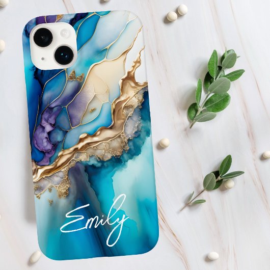 Moderne Elegante Blauwe Gouden Marmeren Gepersonal Case-Mate iPhone Case