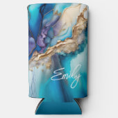 Moderne Elegante Blauwe Gouden Marmeren Gepersonal Seltzer Blikjeskoeler (Voorkant)