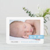 MODERNE Elegante BLAUWE JONGEN aankondiging foto k (Staand voorkant)