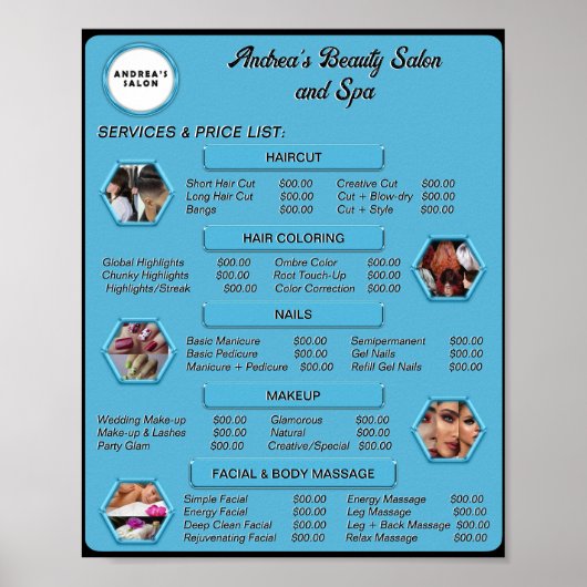 Moderne Elegante Blauwe Salon Logo & Foto's Prijsl Poster (Voorkant)