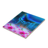 Moderne elegante blauwe vlinderroze roze roze roze tegeltje (Zijkant)