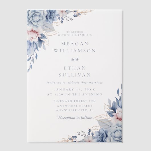 Moderne Elegante Blauwe Waterverf Bloemen Huwelijk Vellum Uitnodigingen (Voorkant)