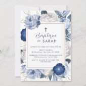 Moderne Elegante Blauwe & Witte Bloem Kruisdoop Kaart (Voorkant)