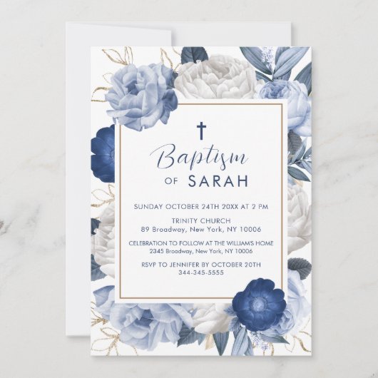 Moderne Elegante Blauwe & Witte Bloem Kruisdoop Kaart (Voorkant)