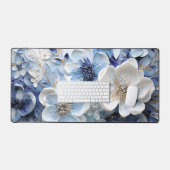Moderne Elegante Blauwe Witte Botanische Bloem Bureaumat (Keyboard & Muis)