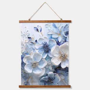 Moderne Elegante Blauwe Witte Botanische Bloem Hangend Wandkleed