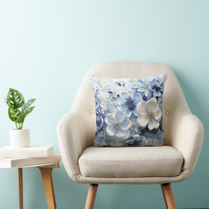 Moderne Elegante Blauwe Witte Botanische Bloem Kussen