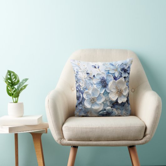 Moderne Elegante Blauwe Witte Botanische Bloem Kussen (Stoel)