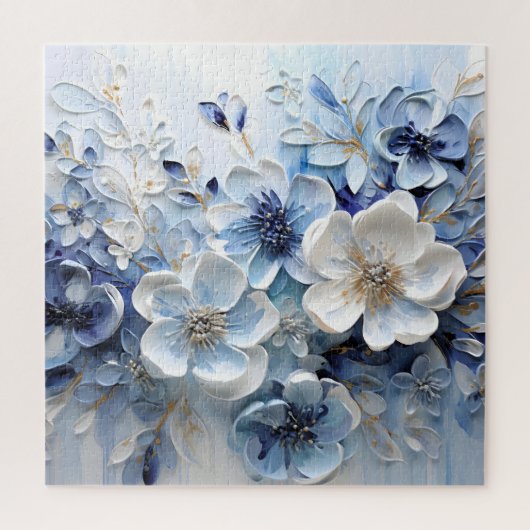 Moderne Elegante Blauwe Witte Botanische Bloem Legpuzzel (Verticaal)