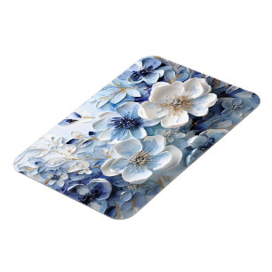 Moderne Elegante Blauwe Witte Botanische Bloem Magneet