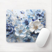 Moderne Elegante Blauwe Witte Botanische Bloem Muismat (Met muis)