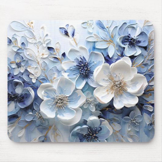 Moderne Elegante Blauwe Witte Botanische Bloem Muismat (Voorkant)