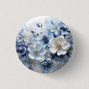 Moderne Elegante Blauwe Witte Botanische Bloem Ronde Button 3,2 Cm