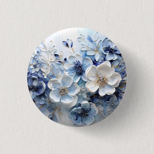 Moderne Elegante Blauwe Witte Botanische Bloem Ronde Button 3,2 Cm (Voorkant)