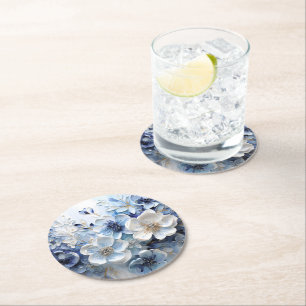 Moderne Elegante Blauwe Witte Botanische Bloem Ronde Kartonnen Onderzetter