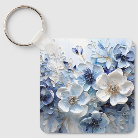 Moderne Elegante Blauwe Witte Botanische Bloem Sleutelhanger (Voorkant)