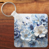 Moderne Elegante Blauwe Witte Botanische Bloem Sleutelhanger (Voorkant)